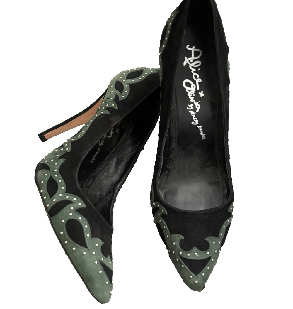Alice and Olivia by Stacey Bendet Black Green Studded Suede Leather Pumps Sz 40